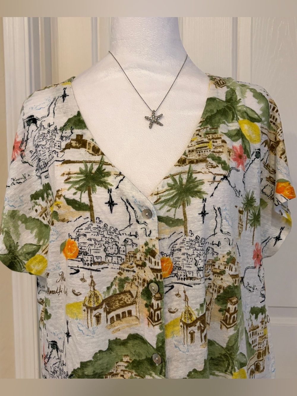 Cynthia Rowley 100% Linen Almafi Coast Scenic Print Women’s Large